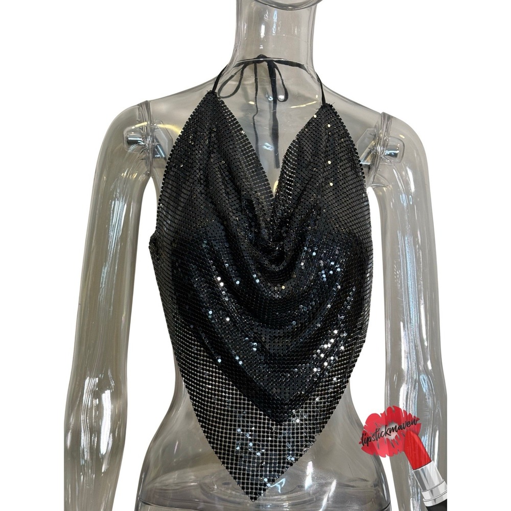 Metal Mesh Halter Top Womens One Size Black Cowl Neck Chainmail Tie Going Out